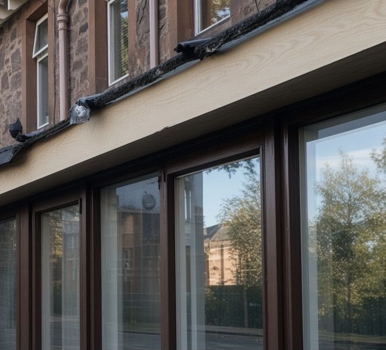 New timber fascia board fitted above windows on a sandstone building