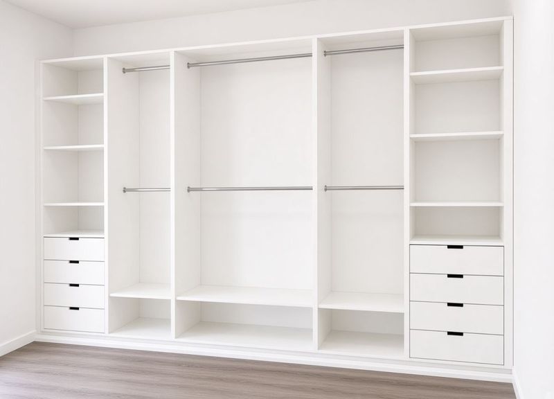 Fitted wardrobe interior with hanging rails, shelving and banks of drawers