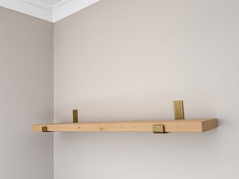 Solid timber shelf mounted on brass brackets against a plain painted wall